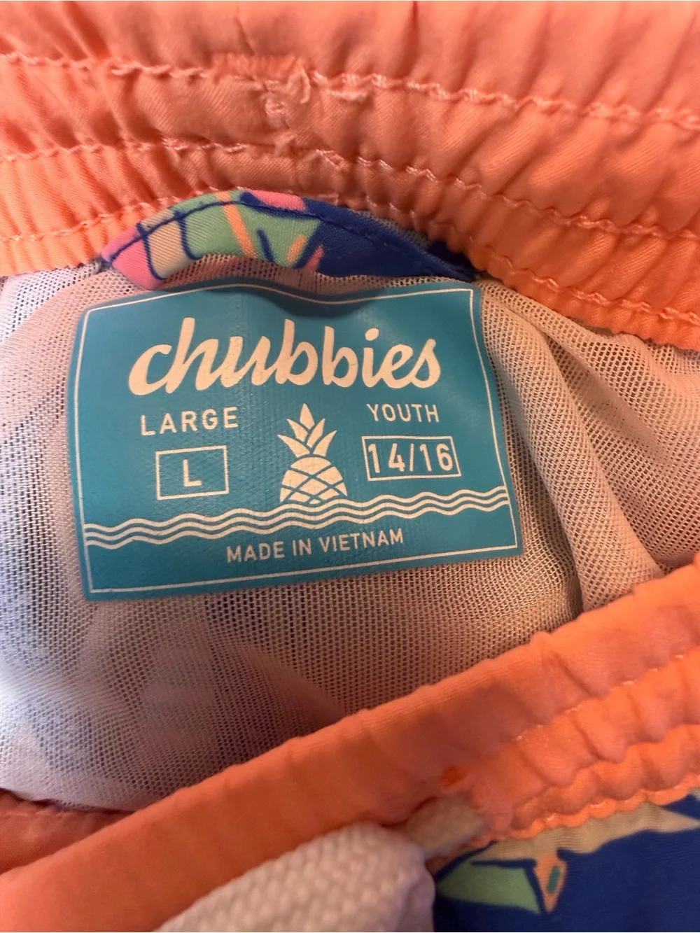 chubbies Kids Blue Shark Swim Trunks with Coral Waistband large 14/16